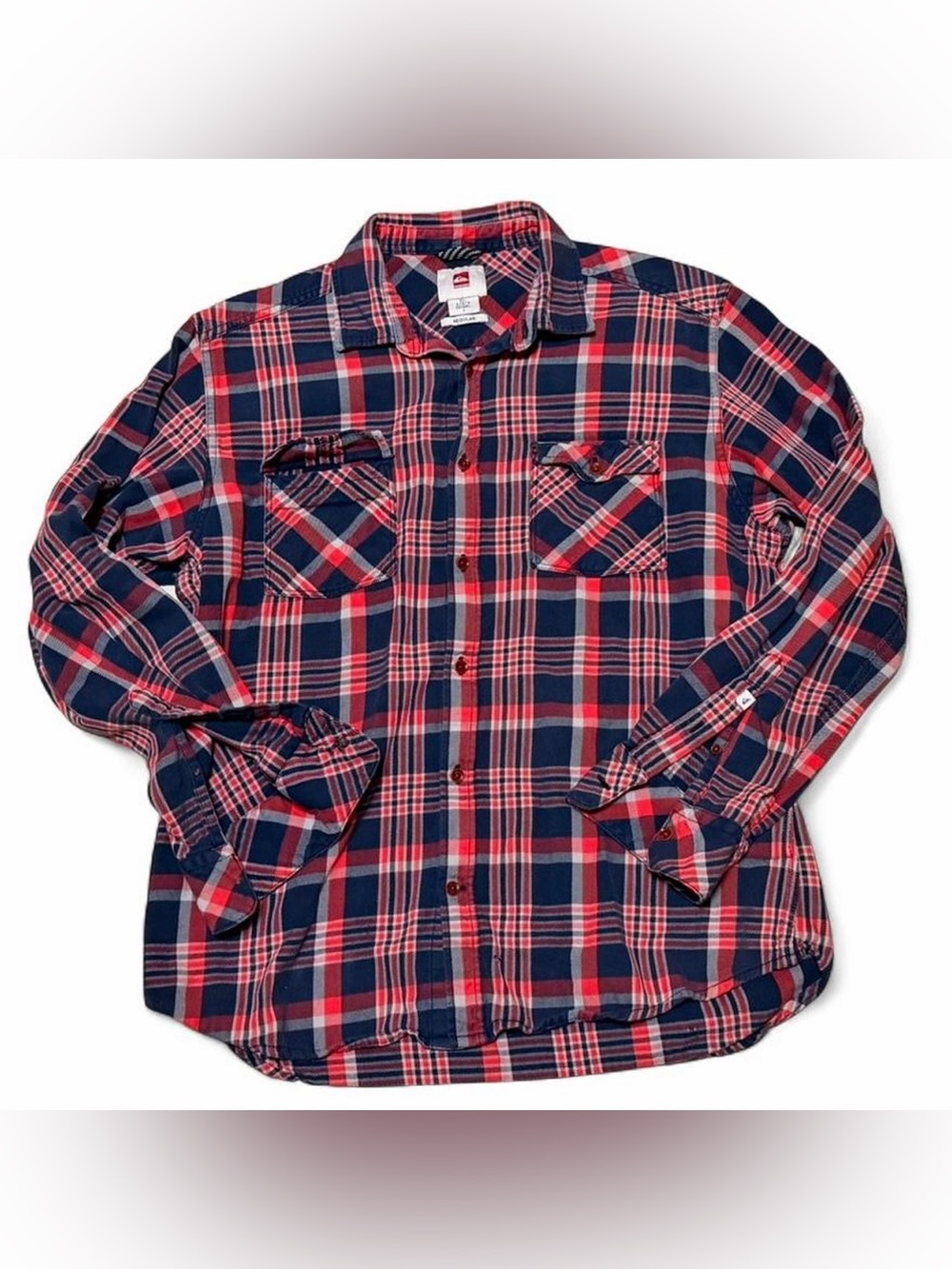 Quiksilver Men's Cotton Plaid Button-Up Shirt Long Sleeve Red Navy White L